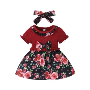 Toddler Girls Casual Knee-Length Floral Puff Sleeve Dress with Bow Ruffle Collar Spring Summer Soft Stretchy Kids Clothes