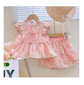 Toddler Girls Clothing Set Sleeveless Floral Lace Shirt Top + Shorts Outfits for Kids