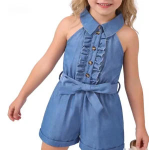 Toddler Girls Cotton Halter Jumpsuit Sleeveless Ruffle Front Romper with Bow Belt Solid Blue Summer Playsuit