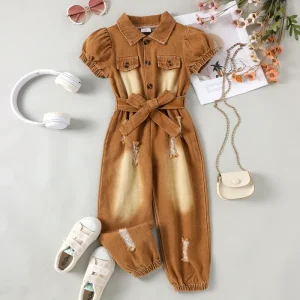 Toddler Girls Jumpsuit Puff Sleeve Solid Denim Rompers Jeans Pants Jumpsuit for Infant Girls