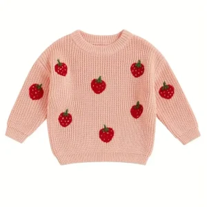 Toddler Girls Knit Sweater Strawberry Embroidered Long Sleeve Pullover Sweatshirt Tops Warm Fall Winter Spring Kids Clothes