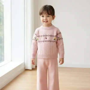 Toddler Girls Knitted Sweater Set Mushroom Embroidery Long Sleeve Cardigan Fiber Velvet Yarn Color Block