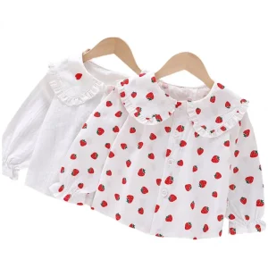 Toddler Girls Shirts Tops Casual Cotton Blouse Long Sleeved Korean Fashionable Models with Lace Lapel for Spring Autumn
