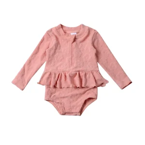 Toddler Girls Summer Swimwear Knitted Long Sleeve Jumpsuits with Front Zipper and Ruffles Bathing Swimming Suit for Kids
