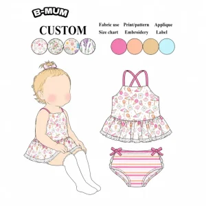 Toddler Girls Swim Outfit Soft Printed Ruffle Swim Top with Cross Back Design and Matching Stripe Briefs Set