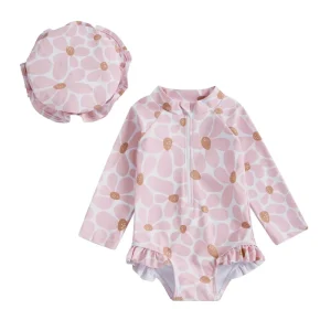 Toddler Girls Swimsuit RTS Long Sleeve Floral Pattern with Zipper Design Summer One Piece Swimwear
