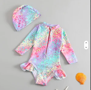 Toddler Girls Swimsuit with Sun Hat Set Leopard Ruffle Sleeve Zip up One Piece Swimwear Beachwear for Baby
