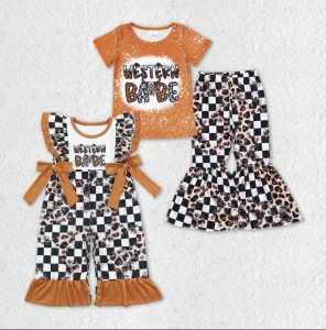 Toddler Girls Western Style “WESTERN BABE” Ruffle Jumpsuit and Matching Flare Pants Set