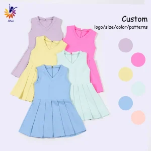 Toddler Gymnastics Leotard Dress with Integrated Shorts Back Zipper Pleated Hem 6 Solid Colors for Dance Class