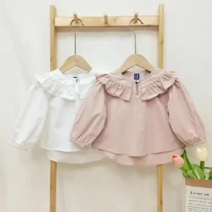 Toddler Kids Girls Sweet Blouses Solid Color Doll Collar Long Sleeve Shirts Spring Autumn Fashion Casual Tops