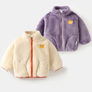 Toddler Kids Winter Warm Jacket Fleece Lined Thick Coat Cute Cartoon Embroidery Zip up Outwear for Baby Boys
