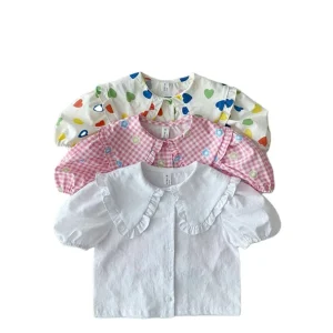 Tollder Girl Puff Short Sleeve Kids Turn Down Blouse for Baby Girl Casual White Shirt
