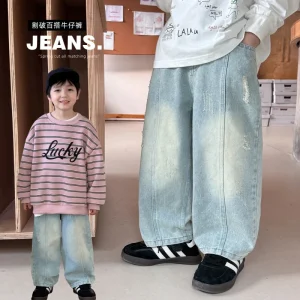 Tongku Spring New Huzhou Zhili Children’s Clothing Boys’ Vintage Medium Mid Wide Leg Casual Long Jeans Distressed Ripped