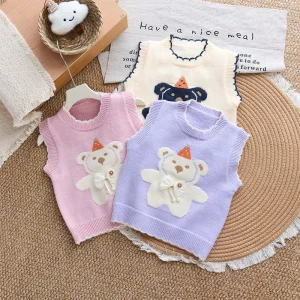 Top Hat Bear Pattern Girls Vest Waistcoats with Rolled Edge