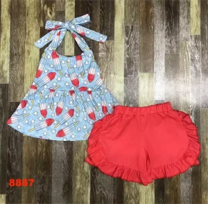 Top Selling Adorable Teens High Waist Shorts Set with Halter Neck Crop Top Custom Print Cute Girls’ Fashion