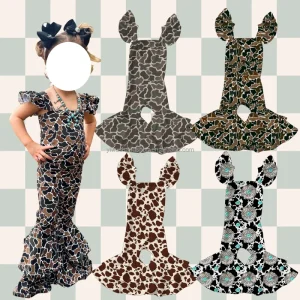 Trendy Kids Girls One Piece Romper Full Length Flutter Sleeve Bell Bottom Western Camo Printed Girls Boutique Jumpsuits