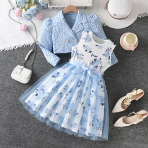 Trendy Leisure Light Warm Girls Coat Set Long Sleeve Vest Dress for Autumn Daily Outing and Simple Occasion Wear