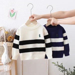 Trendy Warm Autumn Winter Pullover Sweaters for Boys and Girls Striped Knit Tops with Pattern Decoration Sweater