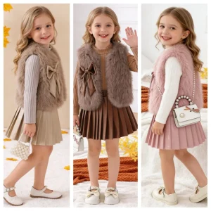 Trendy girls outfits for autumn and winter solid color inner wear waistcoat plush coat and pleated skirt