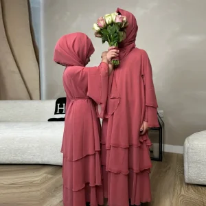 Turkey Dubai Elegant Kimono Women Muslim Dresses Mom and Kids Girl Children Chiffon 3 Layered Open Abaya