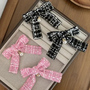 Tweed Bow Hair Clips Set 4PCS in Black & Pink with Gold Charm & Pearl Hair Accessories for Girls Kids