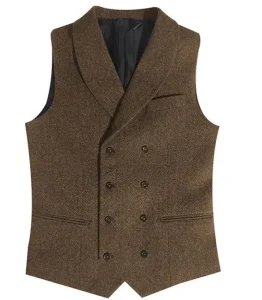 Tweed Men Vest Slim Fit Male Waistcoat Double Breasted Formal Casual Business