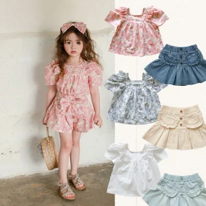 Two Piece Cute Summer Floral Shirt Top and Skirt Denim Shorts Korean Kids Girl Clothing Set Little Toddler