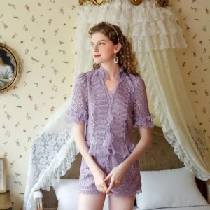 Two Piece Women Elegant Blouse Sets Spring Summer Ladies Net Yarn Shirt Pants Suit Set Sweet Girls Chic Suit