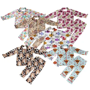 Two Pieces Pajamas Sets Cute Ruffle Kids Sleep Sets Winter Warm Custom Print Long Sleeve Baby Girl Sleepwears