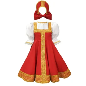 Unisex Children’s Russian Dance Costume Red Sarafan National Cosplay Fancy Dress Halloween Traditional Clothing Polyester