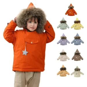 Unisex Kids Winter Coat Korean Style White Duck Jacket with Elf Hat Fleece Lining Cotton Down Filled for Boys and Girls