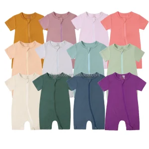 Unisex Summer Short Sleeve Solid Rib Cotton Double Zipper Jumpsuit Plain Fabric Jumpsuit for Boys and Girls