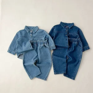 Unisex Vintage Autumn Long Sleeved Jeans and Trousers Casual Solid Pattern Cotton Clothes for Teenagers Boys and Girls