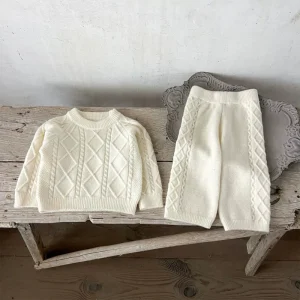 Unisex Warm Knitted Pant and Sweater Set Winter 2 Piece Cotton Clothes for Toddlers Solid Color for Boys and Girls Boutique Wear
