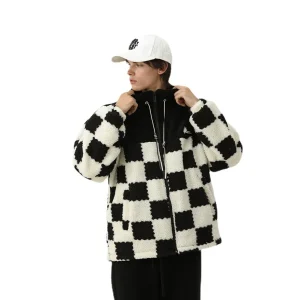 Utility Boy Bomber Jacket Black and White Plaid Winter Jacket for Men Stand Collar Quilted Mens Jacket