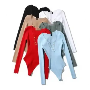 V neck Button up Jumpsuit Long Sleeve Stretch Slimming Solid Color Bodysuit