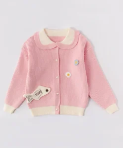 VSCOO Fashion Design Lapel Neck Various Decorations Long Sleeve Cardigan Pearl Buttons Girls Sweater Children