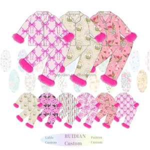 Valentine’s Day Girl Button Pajama Set Custom Printed Kids Nightwear Factory OEM Kid Fleece Trim Sleepwear