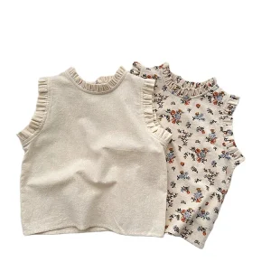 Vintage Floral Linen Casual Breathable Blouse Summer Girls Frill Sleeveless Toddler Tops