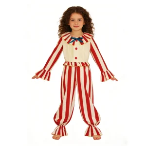 Vintage Girls Circus Clown Costume Red White Striped Jumpsuit for Halloween Carnival Party Children Performance Outfit