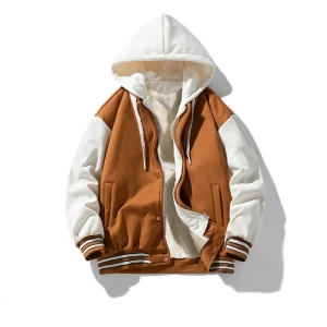 Vintage Hooded Two Piece Full Zipper Covered Button Loose Casual Baseball Boys Jacket Autumn Men’s Coats Varsity Jackets