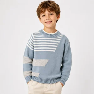 Vintage Long Sleeve Boy’s Pullover Tops Casual Stripe Knit Sweaters Kids Boy Color Block Crew Neck Sweaters