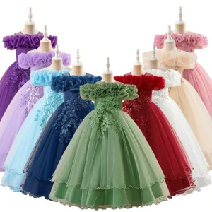 Vintage Sequin Flower Girl Dress One Shoulder Floral Princess Puffy Gown for Girls Birthday Party Stage Performance Wear Dress