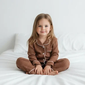 Waffle Knit Cotton Baby Girls Pajamas Set Custom Long Sleeve Collared Knitted Quick Dry Breathable Solid Sleepwear for Kids