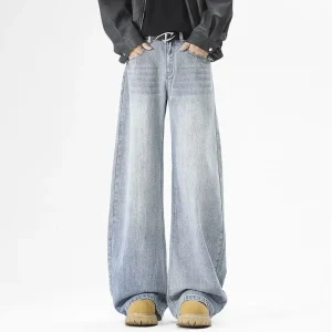 Washed Curved Knife Jeans for Boys Spring and Autumn American Style High Street Casual Pants Loose Wide Leg Pants
