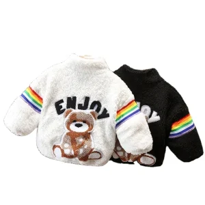 Waterproof Winter Warm Bomber Jacket for Infants Boy’s Rainbow Bear Letter Teddy Coat Varsity Style Cotton Filling