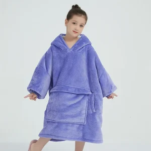 Wearable Oversized Sherpa Flannel Woven Blanket Hoodie for Kids Boys Girls American Style Geometric Pattern Customizable
