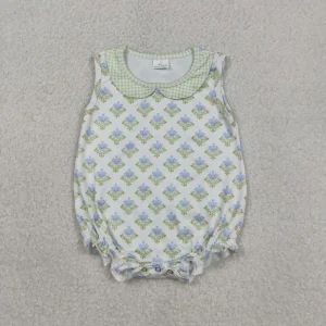 Western Clothe Pink Green Flowers Print Romper High Quality Baby Girl Jumpsuit