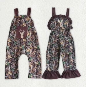 Western Hunting Style Baby Camo Overalls Boys Pocket Deer Romper Girls Ruffle Suspender Jumpsuit