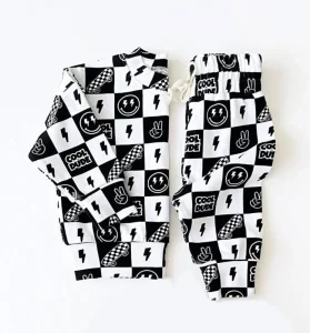 Western Kids Clothes Toddler Boy Black White Long Sleeve Good Vibes Checkered Jogger Outfit Children Boutique Clothing
